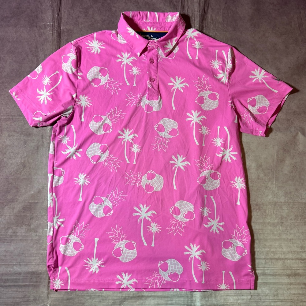 Birdie Bound Golf Polo Shirt Men's Size Medium Pink Pineapple With Sunglasses